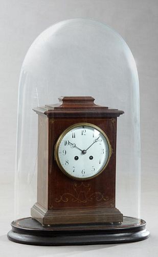 French Brass Inlaid Carved Mahogany Mantel Clock,