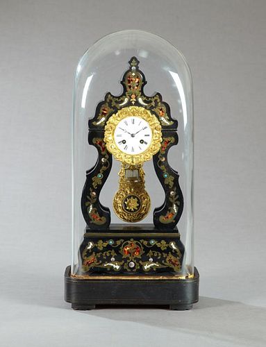 French Boulle Inlaid Ebonized Portico Clock, c. 18