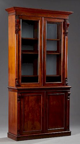 English Carved Mahogany Bookcase Cupboard, 19th c.
