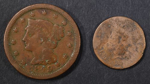 1849 LARGE CENT, VG & 1876 INDIAN CENT, AG