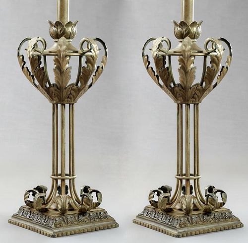 Pair of Wrought Iron Table Lamps, 20th c., with re