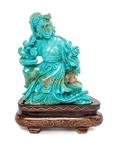 A Chinese Carved Turquoise Figure of a Female Immortal Height 4 inches.