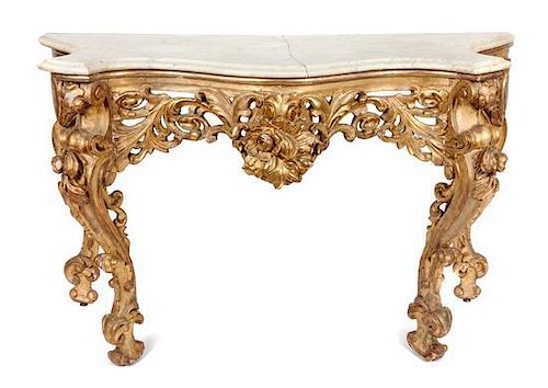 * A Louis XV Style Giltwood Console Table Height 32 x width 51 x depth 20 inches.