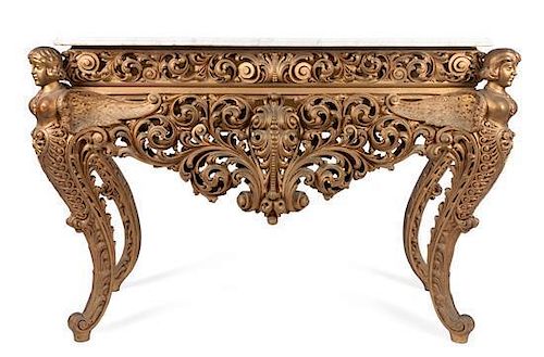 * A Continental Figural Console Table Height 35 x width 52 x depth 23 inches.