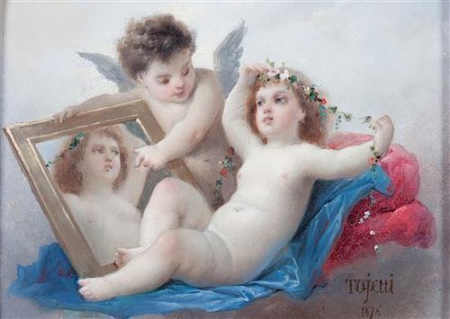 * Eduardo Tojetti, (Italian, 1851-1930), Two Putti with Portrait, 1876