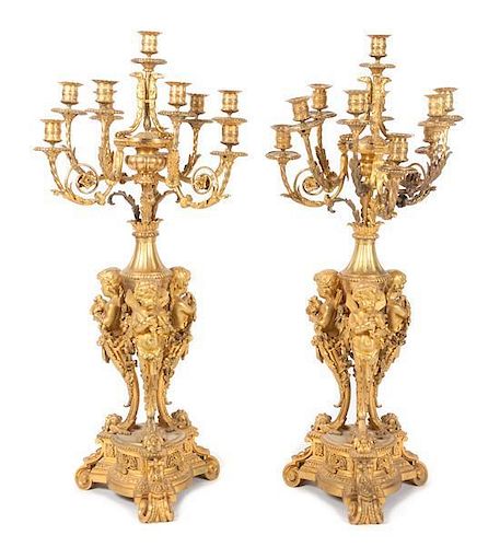 * A Pair of French Gilt Bronze Ten-Light Candelabra Height 35 inches.
