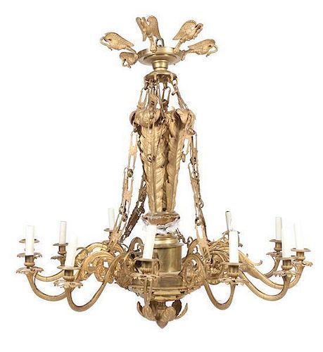 * A Neoclassical Gilt Metal and Bronze Twelve-Light Chandelier Height 42 inches.