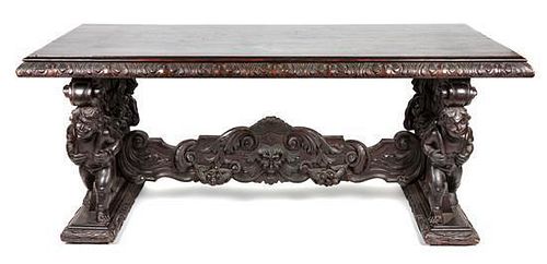 * A Renaissance Revival Carved Library Table Height 32 x width 77 x depth 36 inches.