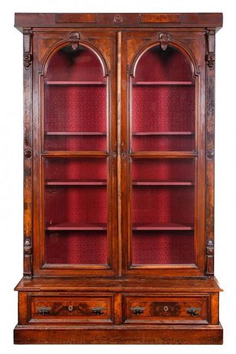 * A Victorian Walnut Bookcase Height 92 x width 56 1/2 x depth 21 inches.