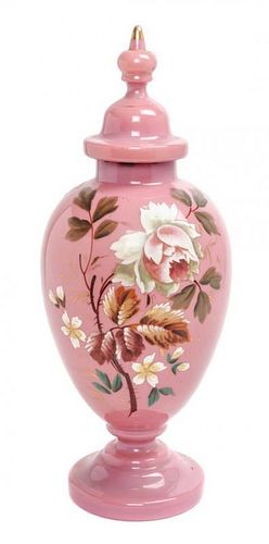 * A Victorian Enameled Glass Covered Vase Height 13 3/4 inches.