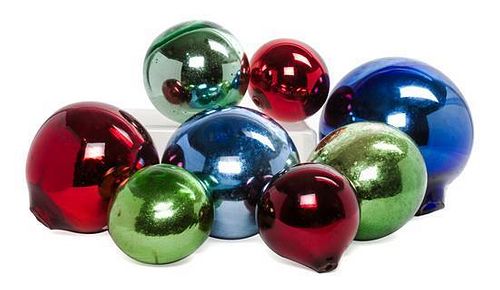 * A Collection of Eight Mercury Glass Spheres Diameter of largest 10 1/2 inches.