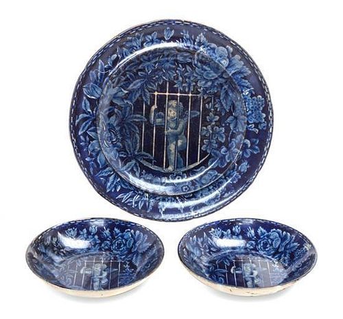 * Three English Transfer Decorated Articles Diameter of largest 18 1/8 inches.