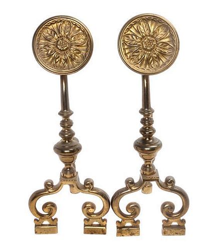 * A Pair of Arts and Crafts Brass Andirons Height 18 1/4 inches.