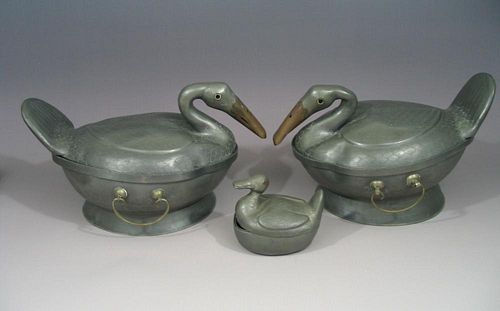 Chinese antique duck-shaped tin soup bowls