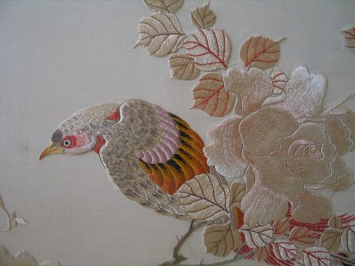 Big Chinese Embroidery Panel, Bird and Floral Decoration.