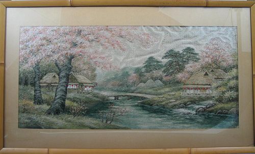 Antique Chinese Embroidery Panel, Mountain and Lake Scene.
