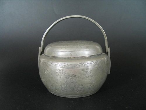 Antique Chinese Pewter Bowl with Cover. Marked.