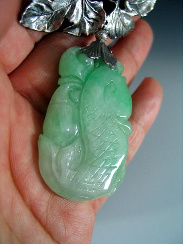 Chinese Carved Silver and Jadeite Brooth