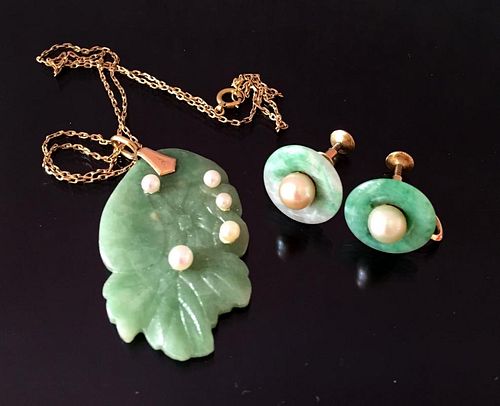 Chinese Jadeite Pendant and Pair of Earrings