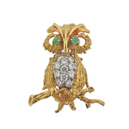 Herbert Rosenthal 18k Gold Diamond Emerald Owl Brooch 