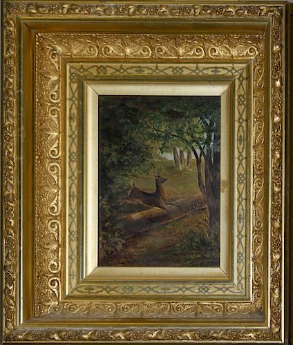 George Bailey Hopkins (Vermont 1854-1894) Deer Jumping a log o/b in ornate 19th c frame, descending