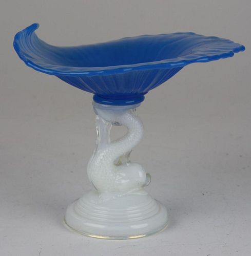 Sandwich Early American Pattern Glass blue and clambroth dolphin post shell form footed dish/compot