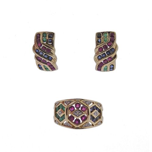 14k Gold Diamond Ruby Sapphire Earrings Ring Set