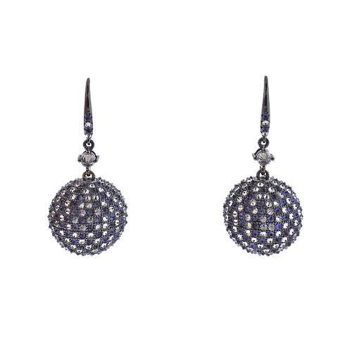 18k Gold Diamond Sapphire Ball Drop Earrings