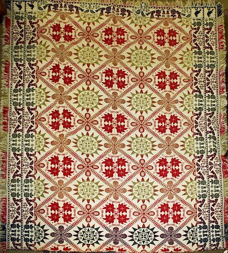 unusual mid-19th c 4 color homespun wool & cotton coverlet made using 3 mixed colors of wool to crea