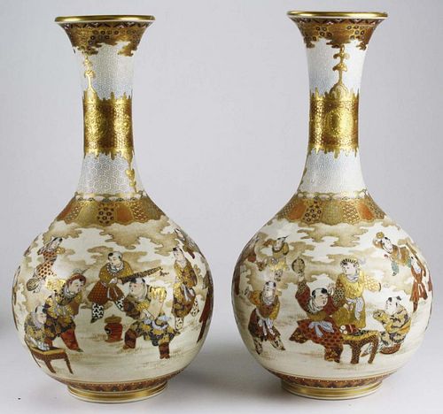 pr of late 19th c Japanese Satsuma vases, ht 15.5”