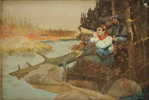 Frederic Remington (American 1861-1909) Calling in Moose watercolor on paper signed lower right 14 x