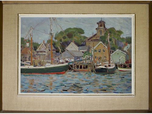 Aldro Hibbard (American 1886-1972) Boats in harbor Provincetown MA o/b signed lower right 15 x 18"