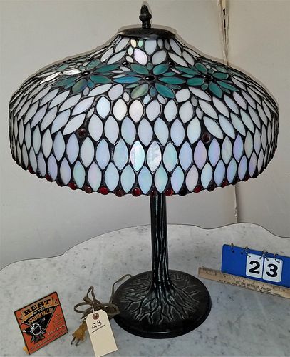 BRONZE BASE TABLE LAMP W/ LEADED GLASS SHADE 27"H X 21" DIAM