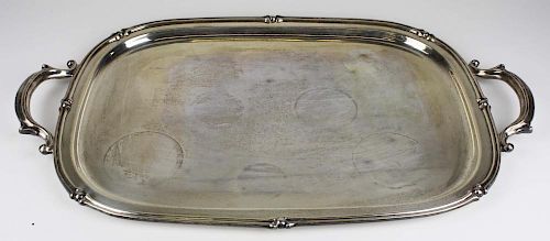 Sterling silver serving tray. Marked on bottom "Fisher Sterling 2803" 26"lx16¼"w. 113.9 troy oz.