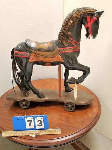 WOODEN PULL TOY HORSE 24"H X 23"L X 6 1/2"W