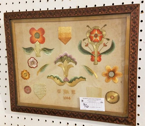 FRAMED NEEDLEWORK SGND GMB 1914 IN AN INLAID FRAME 12 1/2" X 15 1/2"