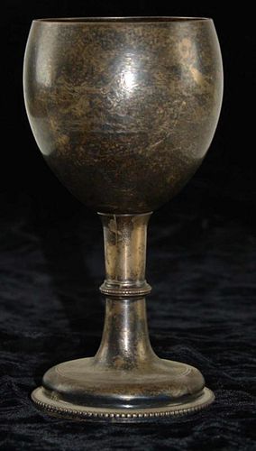 English silver goblet with engraved equestrian scene and gold wash bowl. Illegible hallmarks-possibl