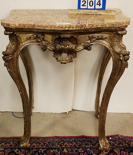 C1800 SILVER GILT ROCOCO MARBLE TOP STAND (MARBLE HAS REPAIR r BACK CORNER) 36 1/2"H X 31"W X 20 1/2"D