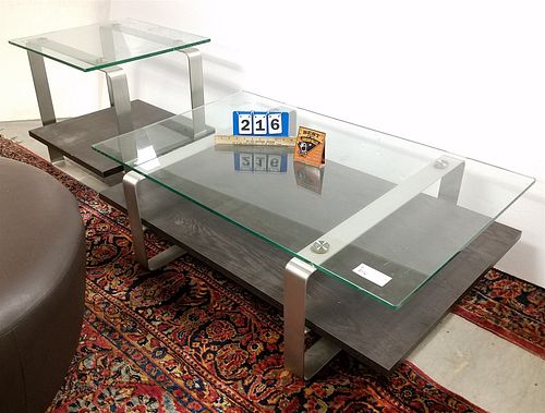 MODERN GLASS STEEL AND OAK COFFEE TABLE 15"H X 44"L X 28"W AND END STAND 23"H X 22" SQ