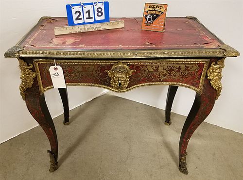 C1890 FRENCH - BRASS ORMOLU MOUNTED LEATHER TOP DESK.  ONE DRAWER.  32"W X 18.5"D X 28"H
