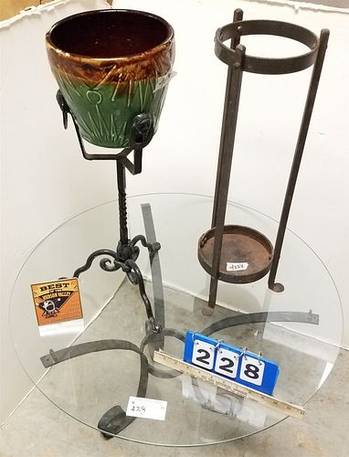 LOT WROUGHT ITEMS- TABLE BASE W/GLASS TOP19"H X30"DIAM PLANT STANDW POTTERY POT23.5"H X8.25"D UMBRELLA STAND24:H X7"DIAM