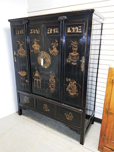 CHINESE BLACK LACQUER 4 DOOR CABINET 6'H X 56"W X 23"D
