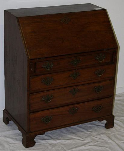 30" Chippendale mahogany and cedar slant front desk, old pierced brass not original. Interior of pig