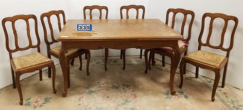 OAK PARQUET TOP REFECTORY TABLE W/ 6 CHAIRS