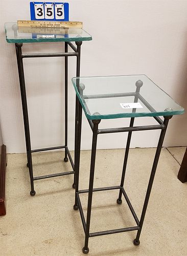 PR. WROUGHT STANDS W/GLASS TOPS 3'H X 14"SQ & 30 1/2"H X 14"SQ