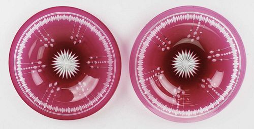 9 cut to clear cranberry glass dessert plates, possibly Pairpoint 8.25" dia -several with rim nicks