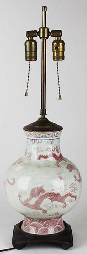19th c Chinese red five-toed dragon decorated vase/ lamp with blue glazed double rings, underglaze b