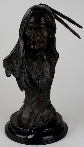 20th c S Keliam bronze bust of a Native American warrior, ht 20”