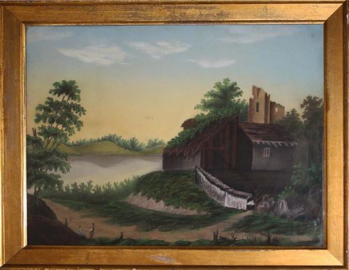 mid 19th c colored sandpaper picture with view of river & ruins, in old lemon gilt frame, 18” x 22”