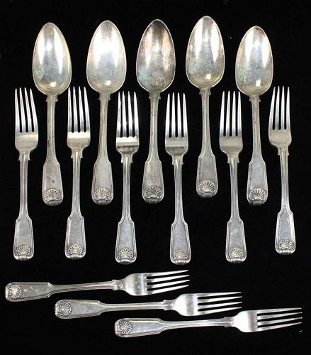 Chinese Export (Khecheong, Canton, c. 1840-70) forks and serving spoons with fiddle thread and shell